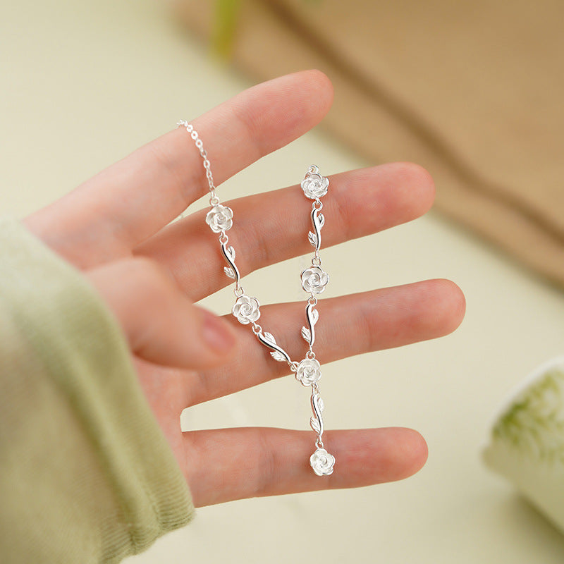 S999 sterling silver rose necklace bracelet set
