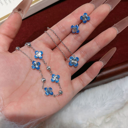 Red corundum blue white diamond four-leaf clover laser necklace bracelet earrings set