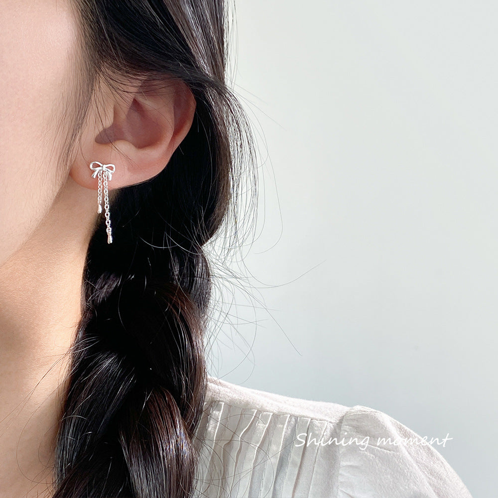 S925 sterling silver bow tassel earrings