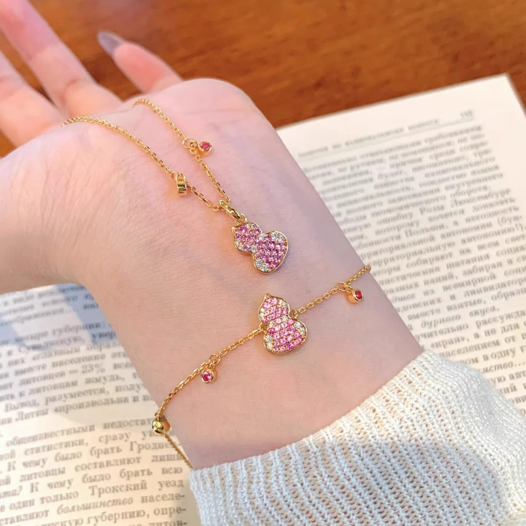 S925 sterling silver micro-inlaid pink gourd necklace bracelet set