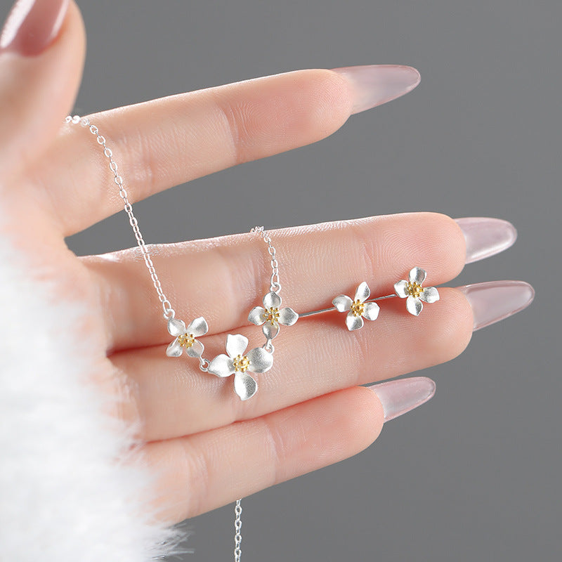S999 sterling silver gardenia necklace earrings set
