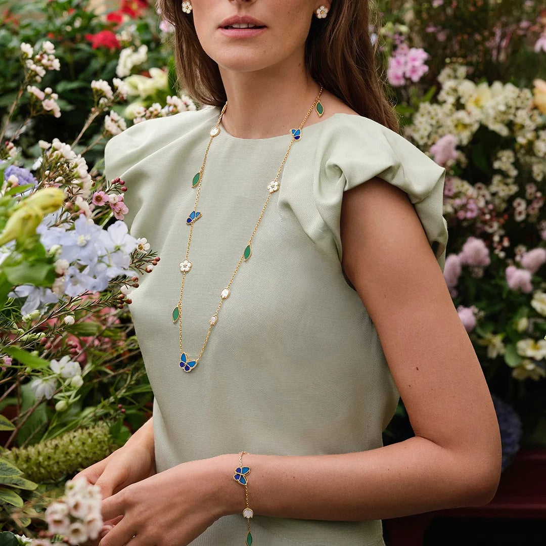 18K Gold Plated Blue Butterfly Five-Flower Bracelet, Necklace, Ring and Earrings, Mother Of Pearl With Green Leaf Charms