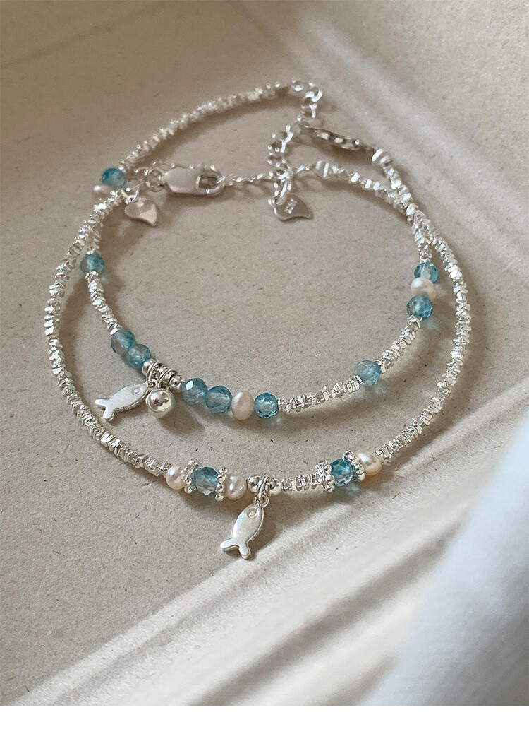 S925 sterling silver blue crystal fish freshwater pearl silver bracelet