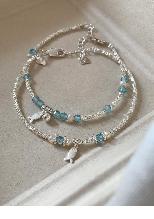 S925 sterling silver blue crystal fish freshwater pearl silver bracelet
