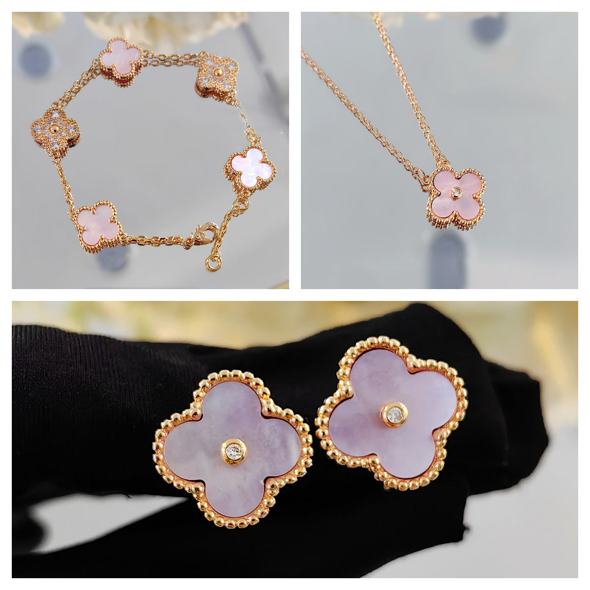 Diamond-studded pink Fritillaria four-leaf clover flower bracelet necklace earrings set