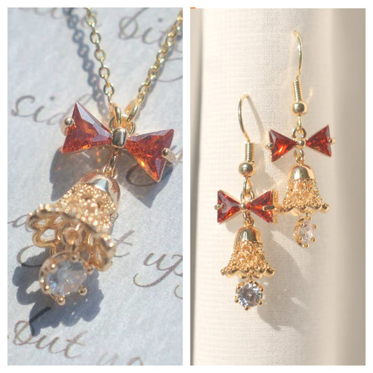 Bell red bow necklace earrings set