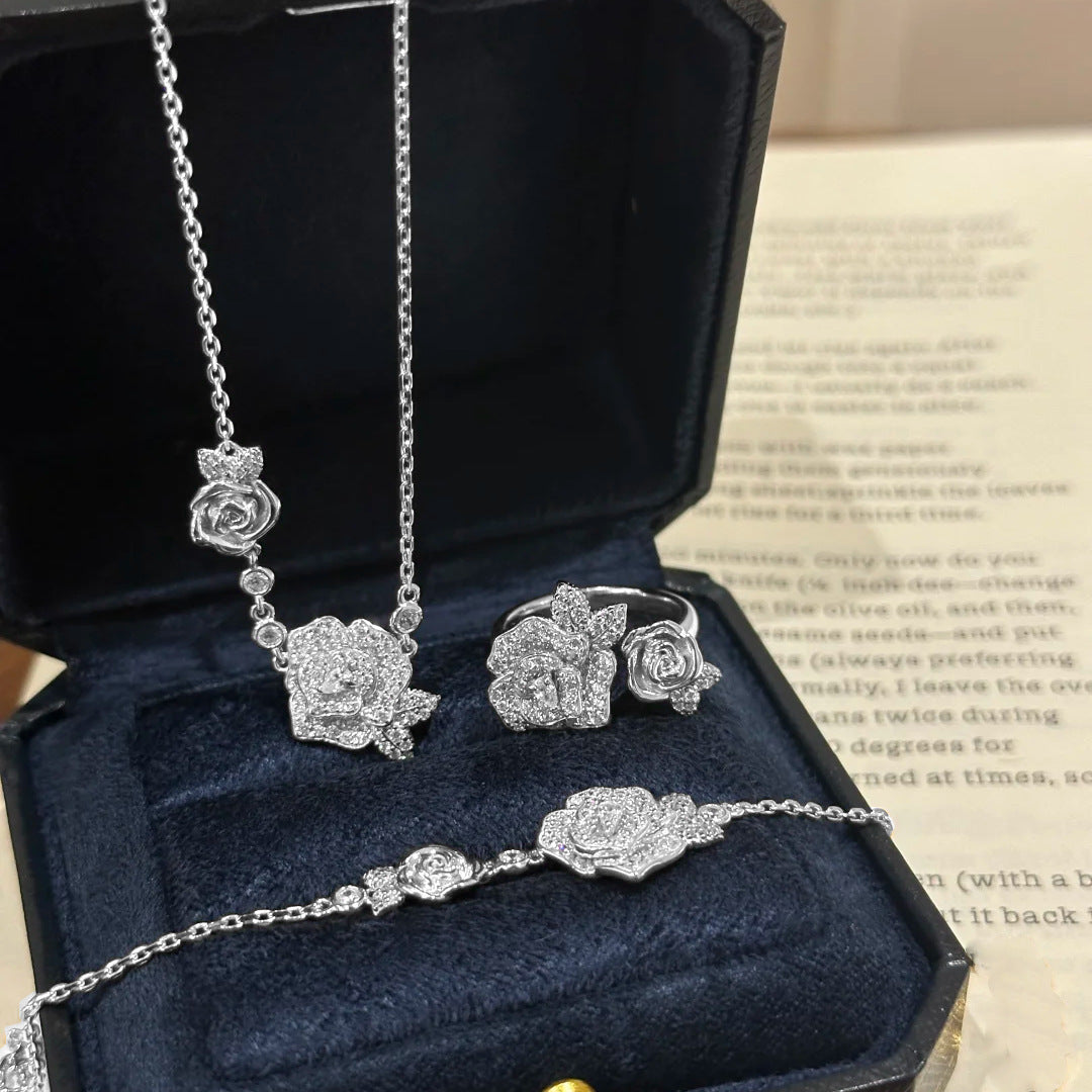 Diamond rose necklace bracelet ring set