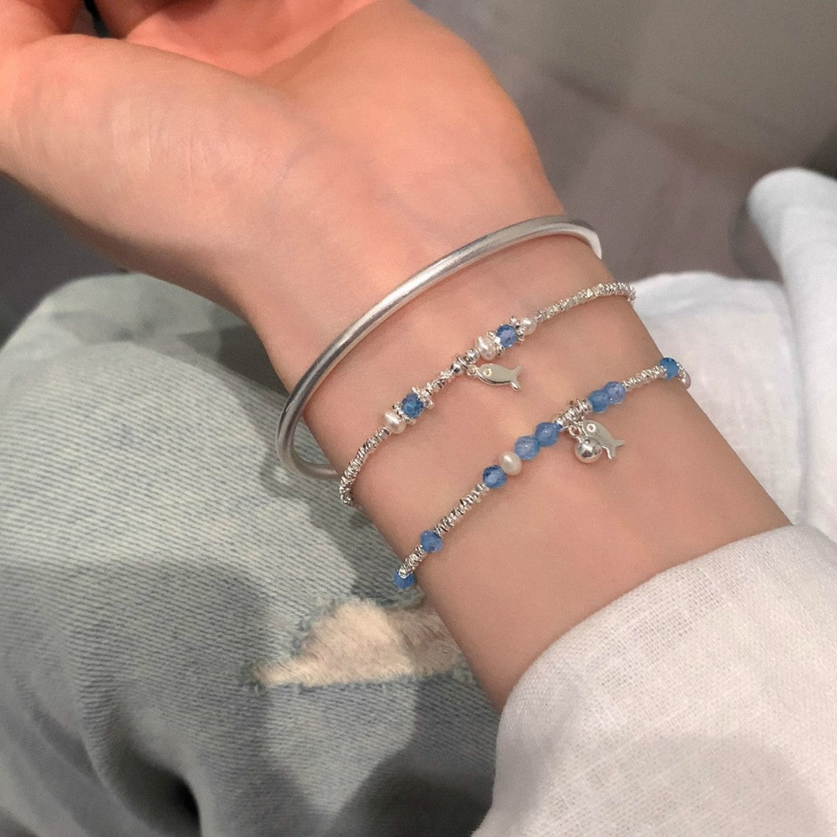 S925 sterling silver blue crystal fish bracelet