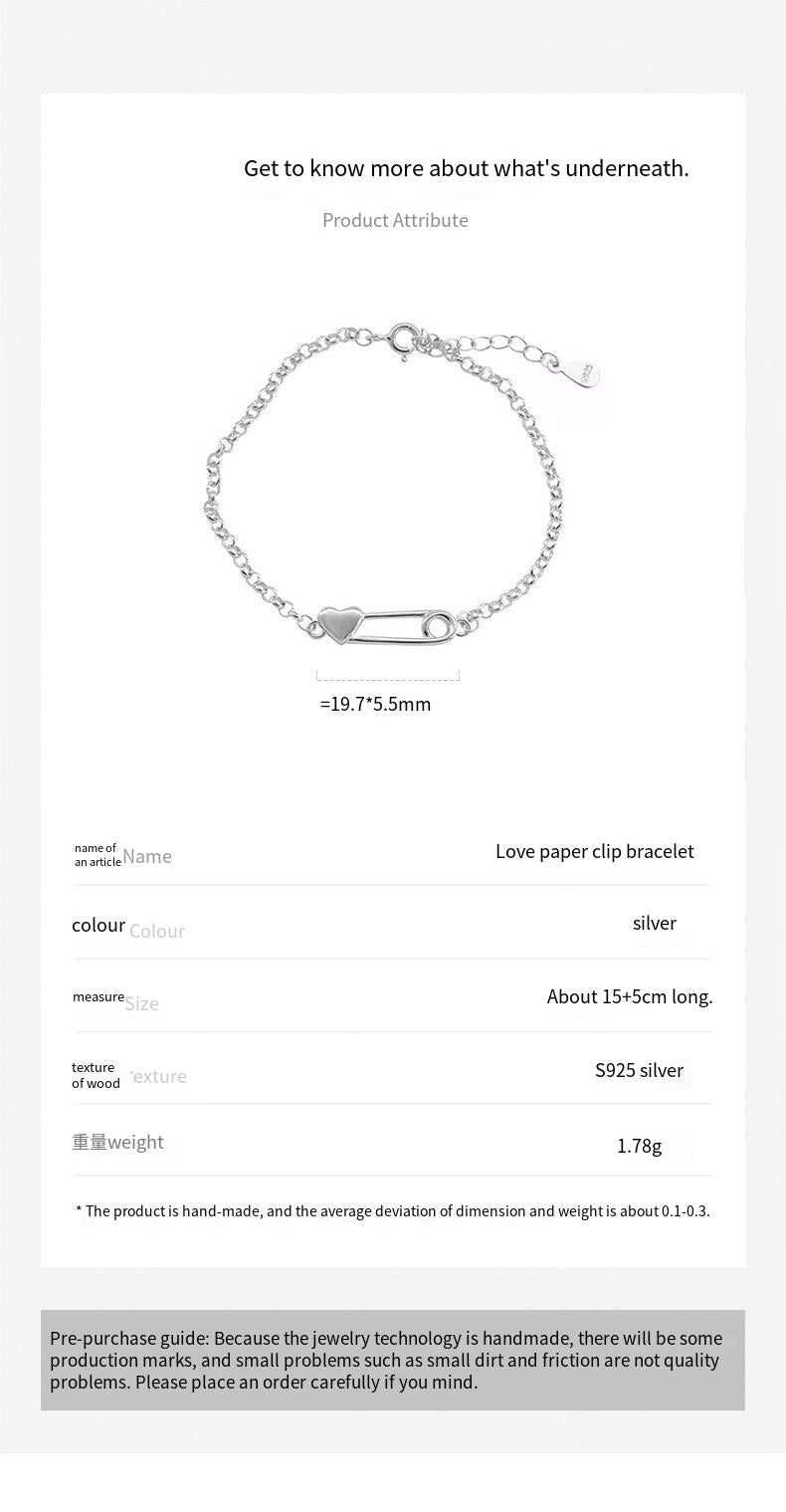 S925 sterling silver paper clip love bracelet