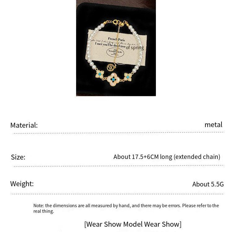 Natural Fritillaria shell with four leaves full of diamonds Swarovski pearl bracelet.