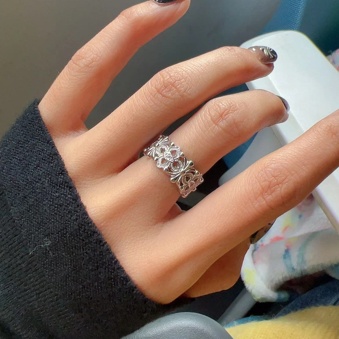 S925 sterling silver openwork carved ring