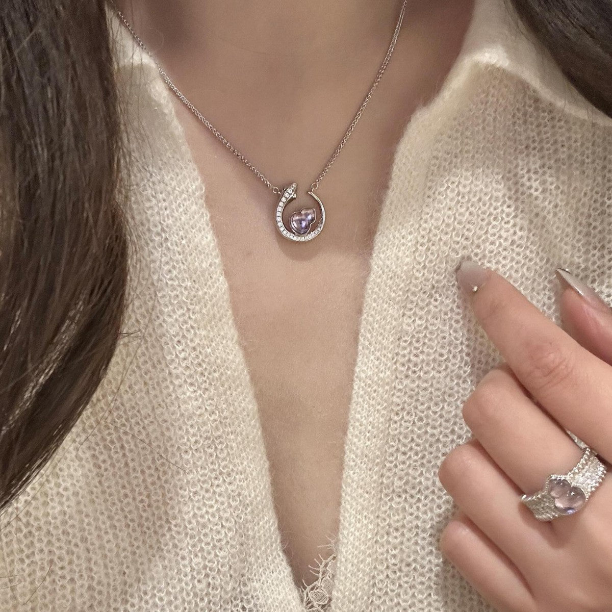S925 sterling silver Purple Crystal Gourd Moon Necklace Ring