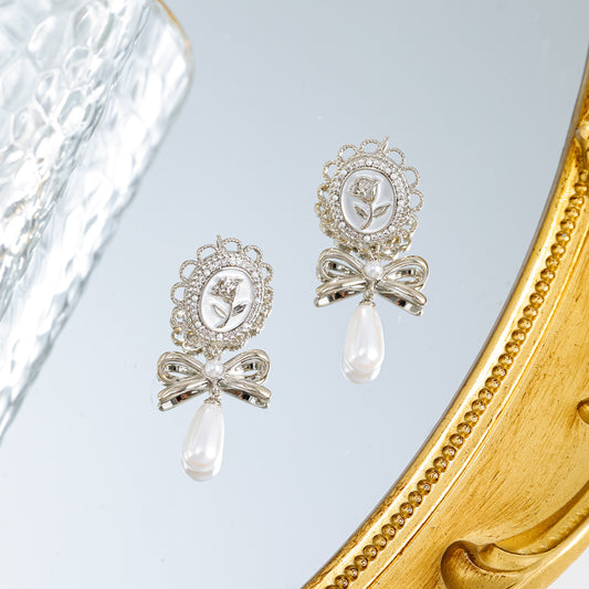 925 silver needle gold-plated zircon oil painting rose pearl earrings