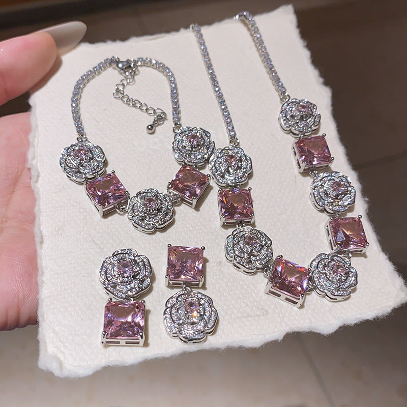 Pink rose cube zircon necklace bracelet earrings set