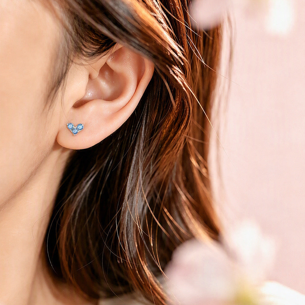 S999 Sterling Silver Blue Zircon V-Shaped Necklace & Stud Earrings