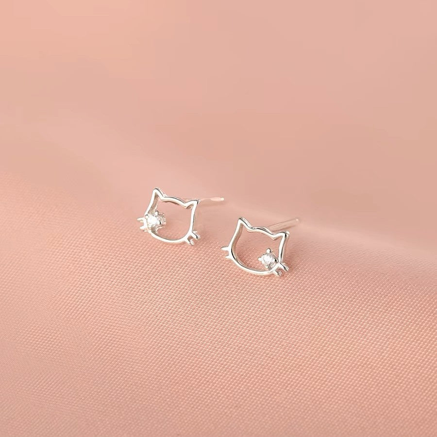 S999 sterling silver hollow cat ear nail earrings