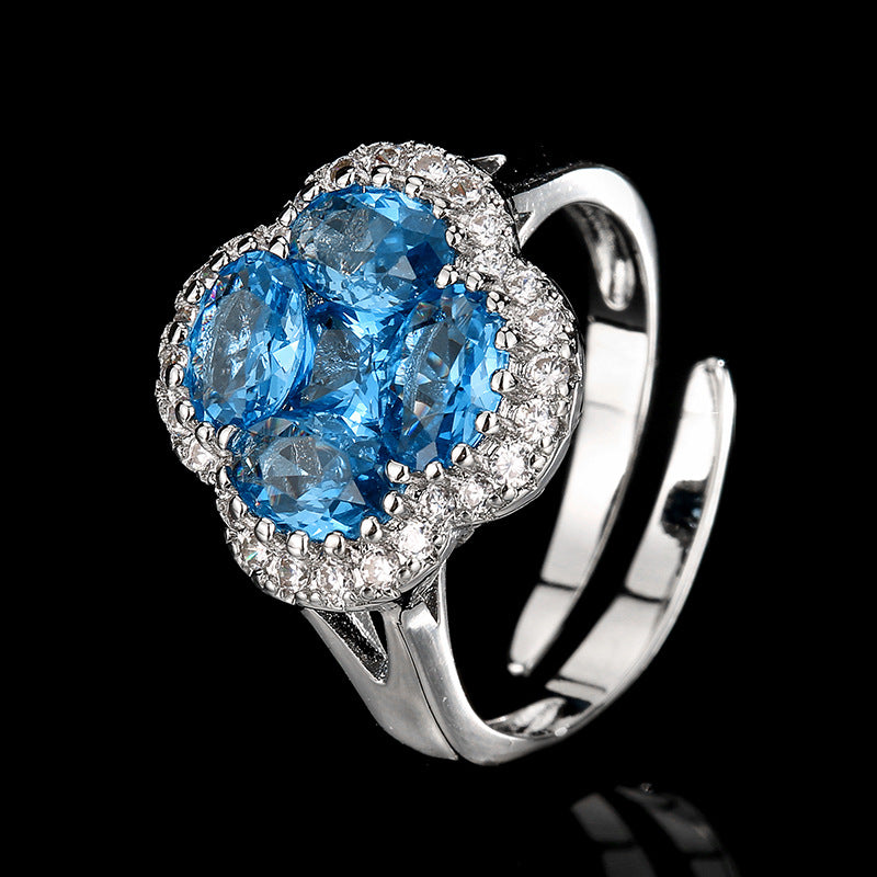 Blue pointed crystal four-leaf clover necklace ring earrings set