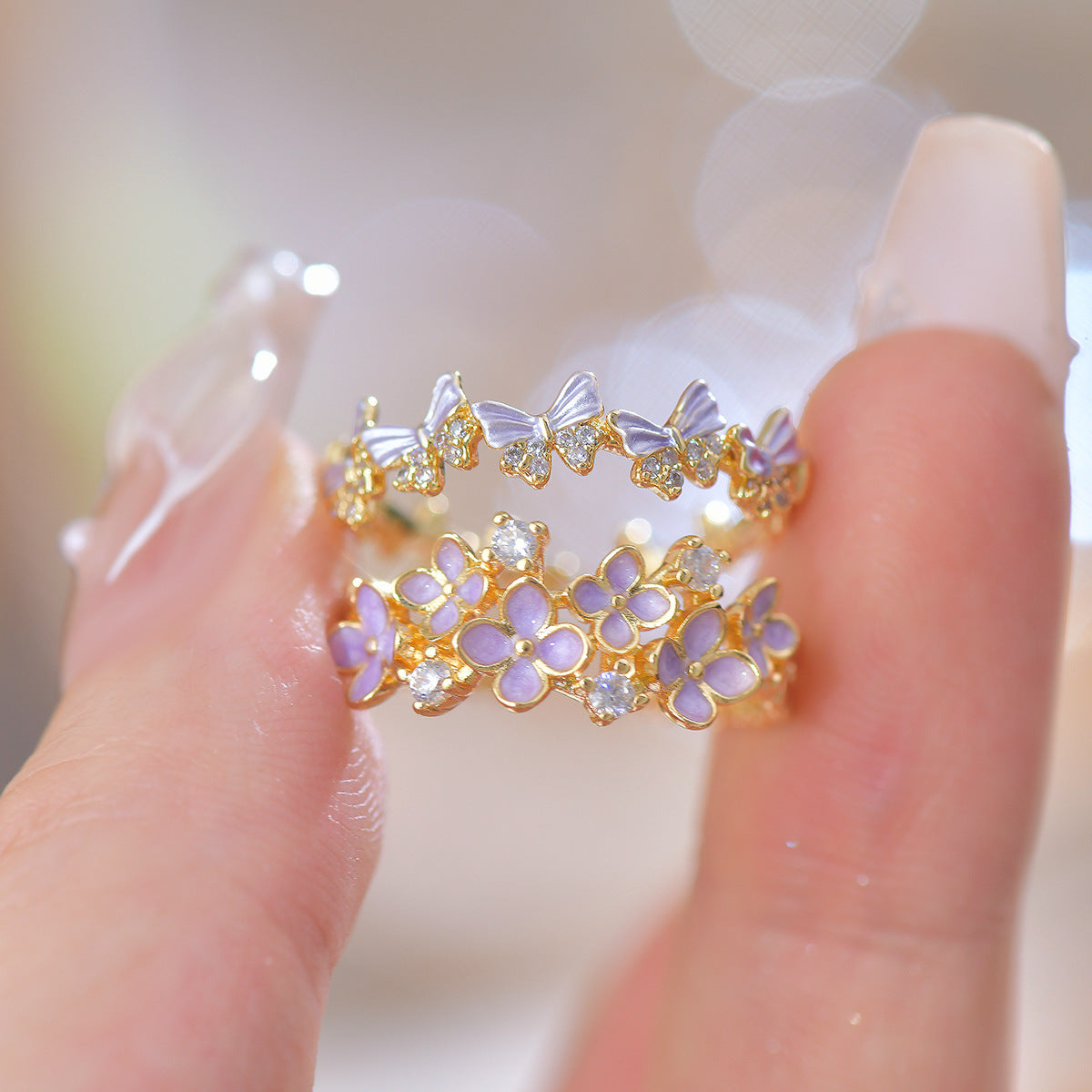 Purple flower dripping zircon butterfly opening ring