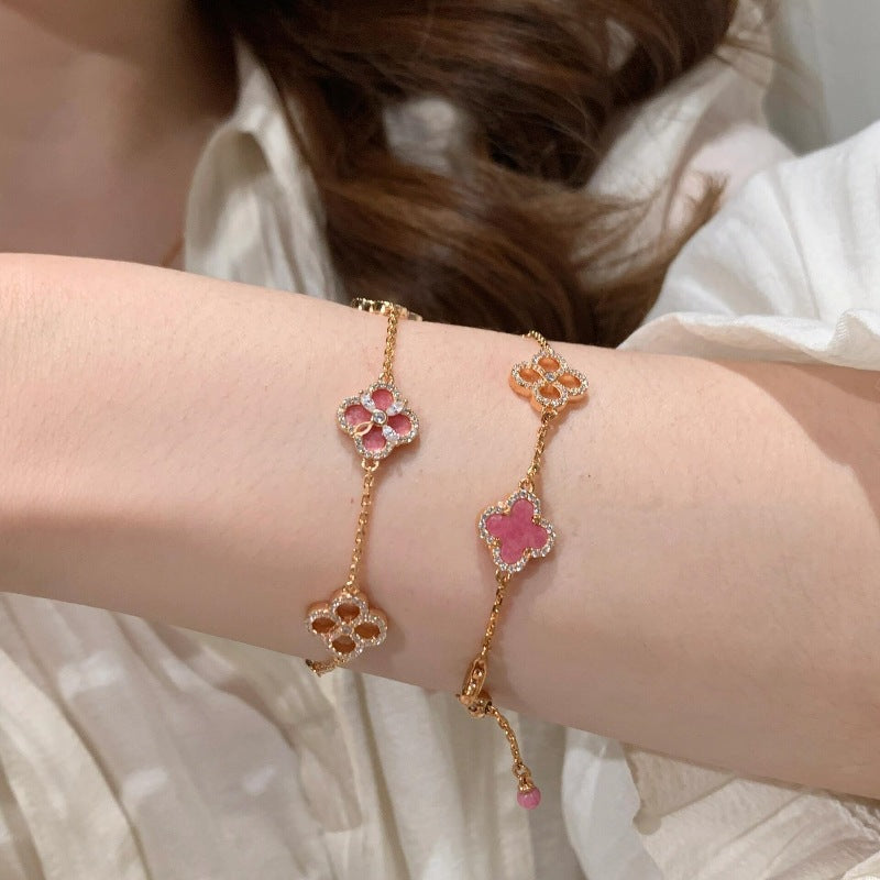 Rose Pink Flower Flash Diamond Clover Bracelet Necklace Earrings Set