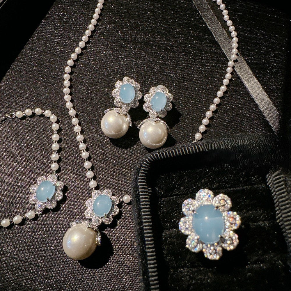 Turkey blue chalcedony deep-sea pearl flower gem pearl necklace bracelet ring earrings set