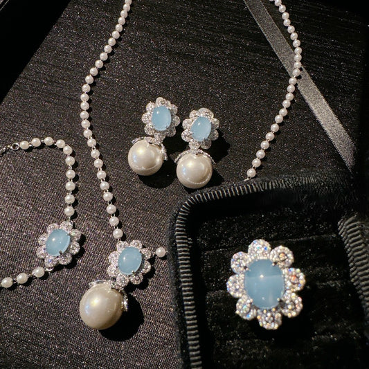 Turkey blue chalcedony deep-sea pearl flower gem pearl necklace bracelet ring earrings set