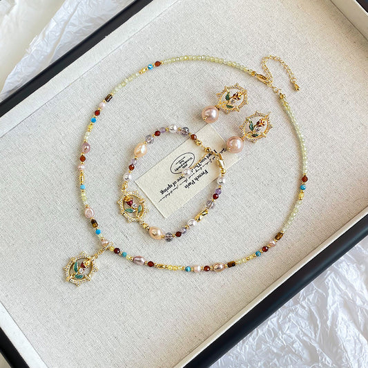 Copper plated 18k gold freshwater pearl zircon rose necklace earrings bracelet set does not fade.