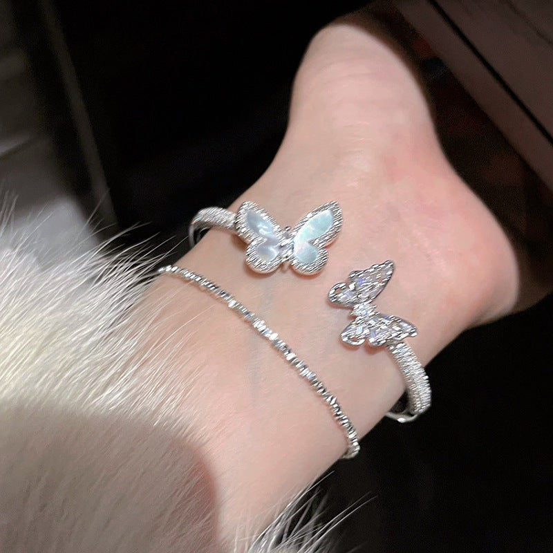Zircon Mother-of-Pearl Butterfly Open Bangle Bracelet