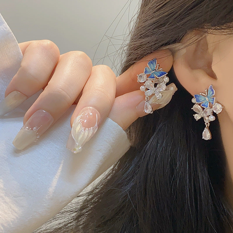 Blue drop butterfly zircon drop pearl earrings