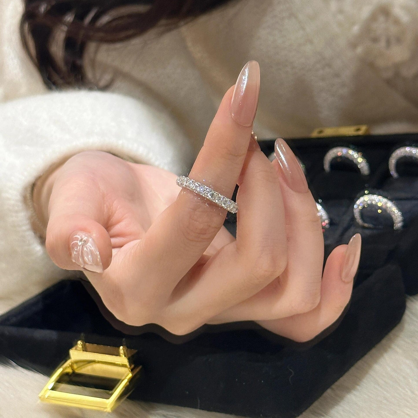 S925 sterling silver doughnut three-sided diamond ring finger