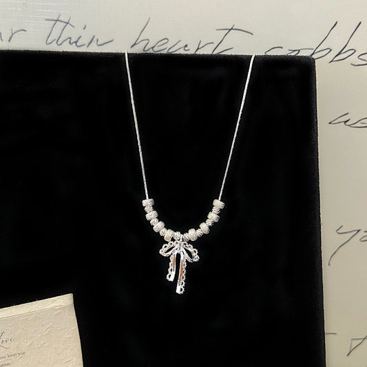 Bow openwork lace thick silver beaded pendant necklace  earrings set