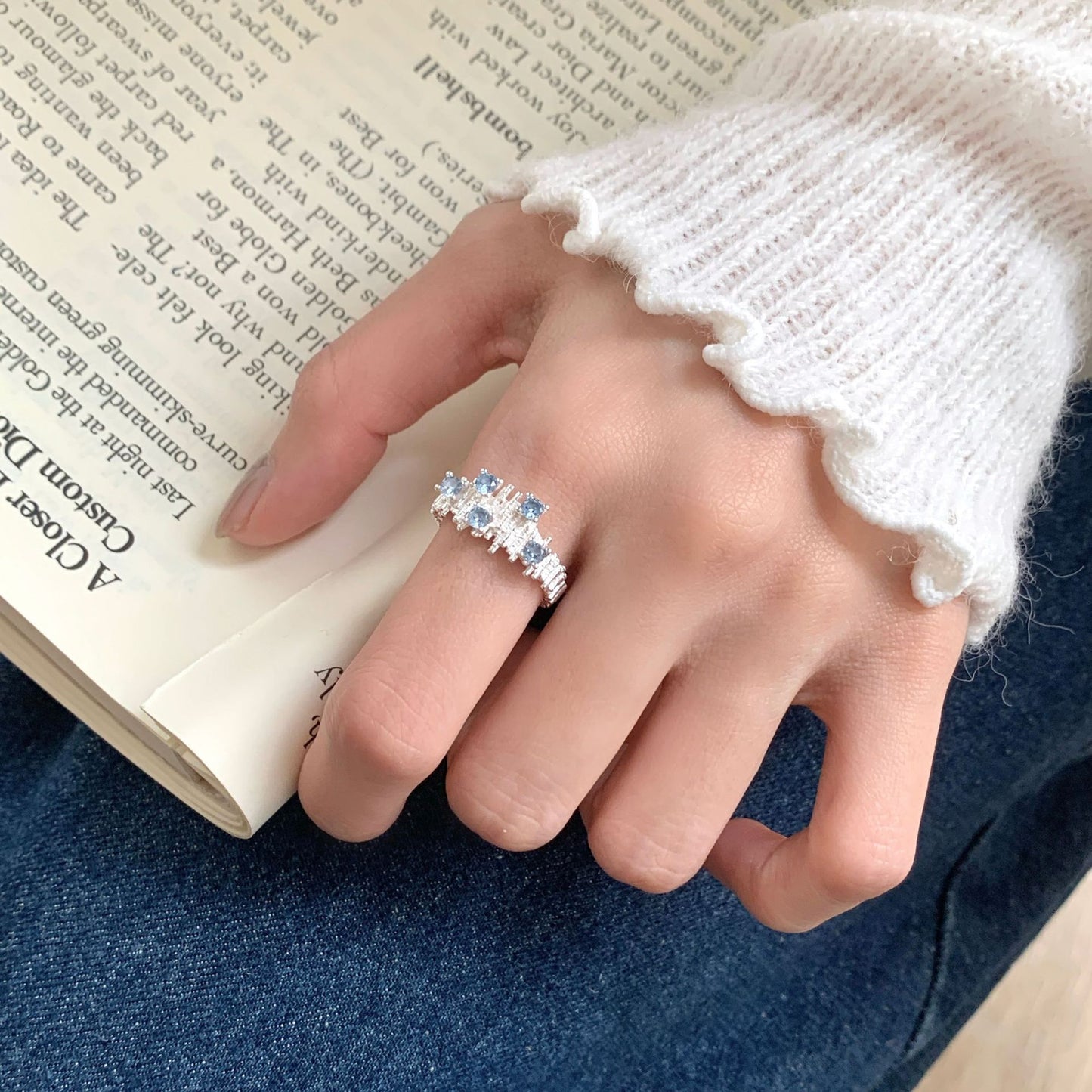 S925 Sterling Silver Irregular Fold Sea Blue Zircon Ring