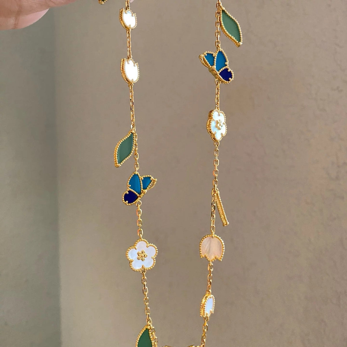 18K Gold Plated Blue Butterfly Five-Flower Bracelet, Necklace, Ring and Earrings, Mother Of Pearl With Green Leaf Charms