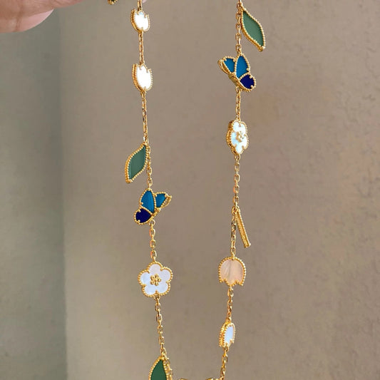18K Gold Plated Blue Butterfly Five-Flower Bracelet, Necklace, Ring and Earrings, Mother Of Pearl With Green Leaf Charms