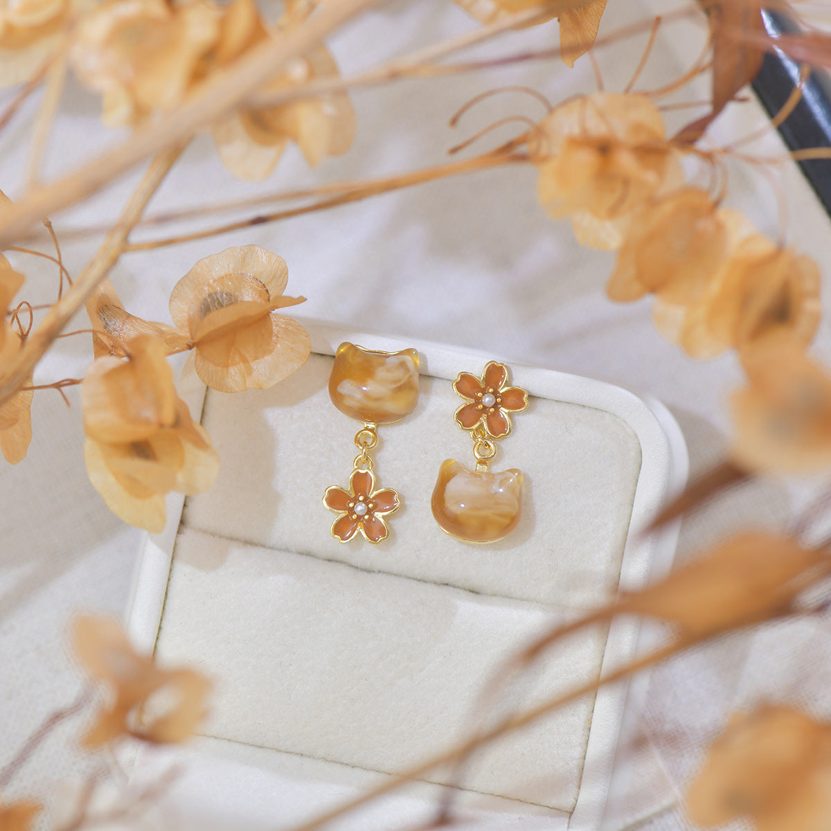 Amber cat copper plated with 14k gold earrings
