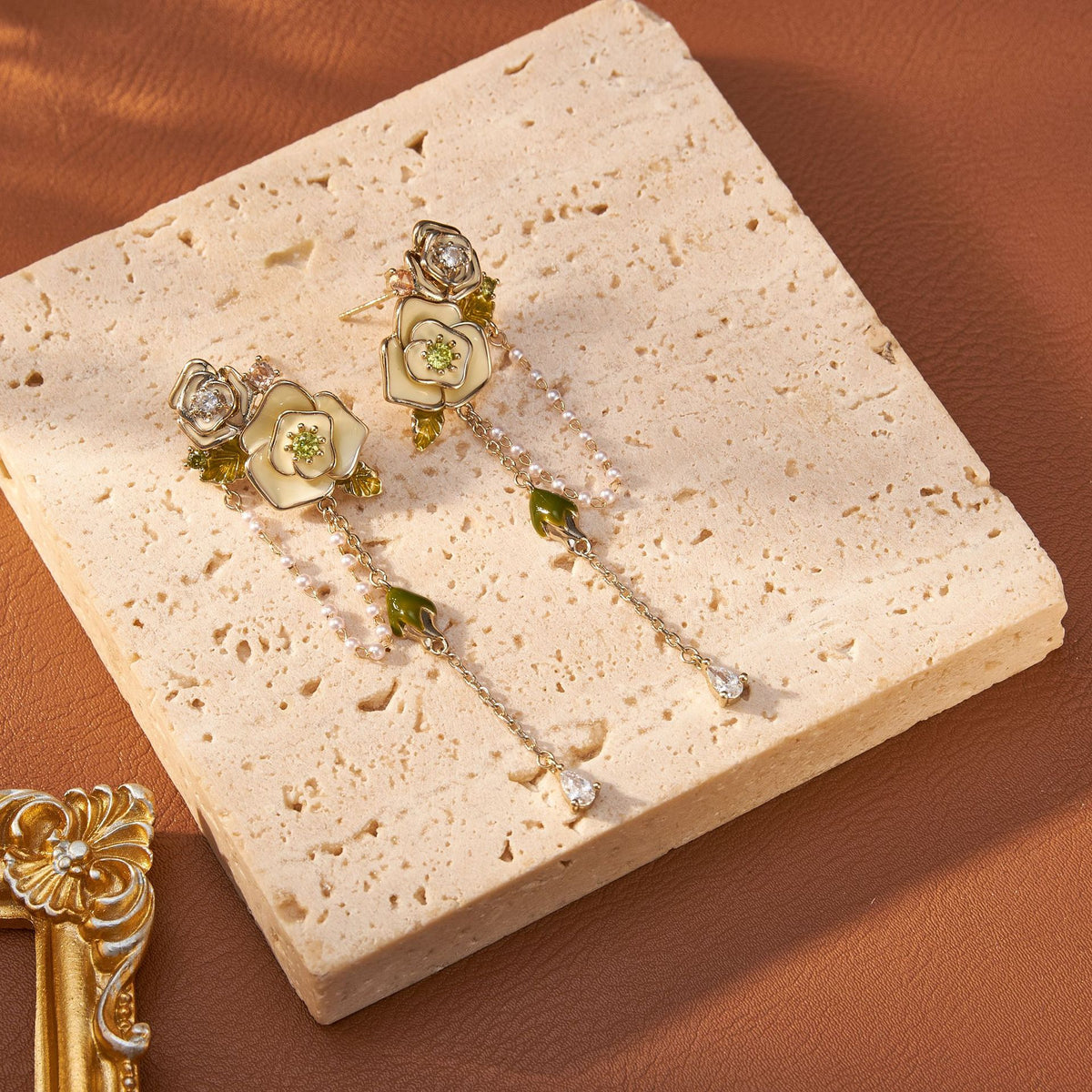 Camellia Rose Dewdrop Zircon Necklace & Earrings