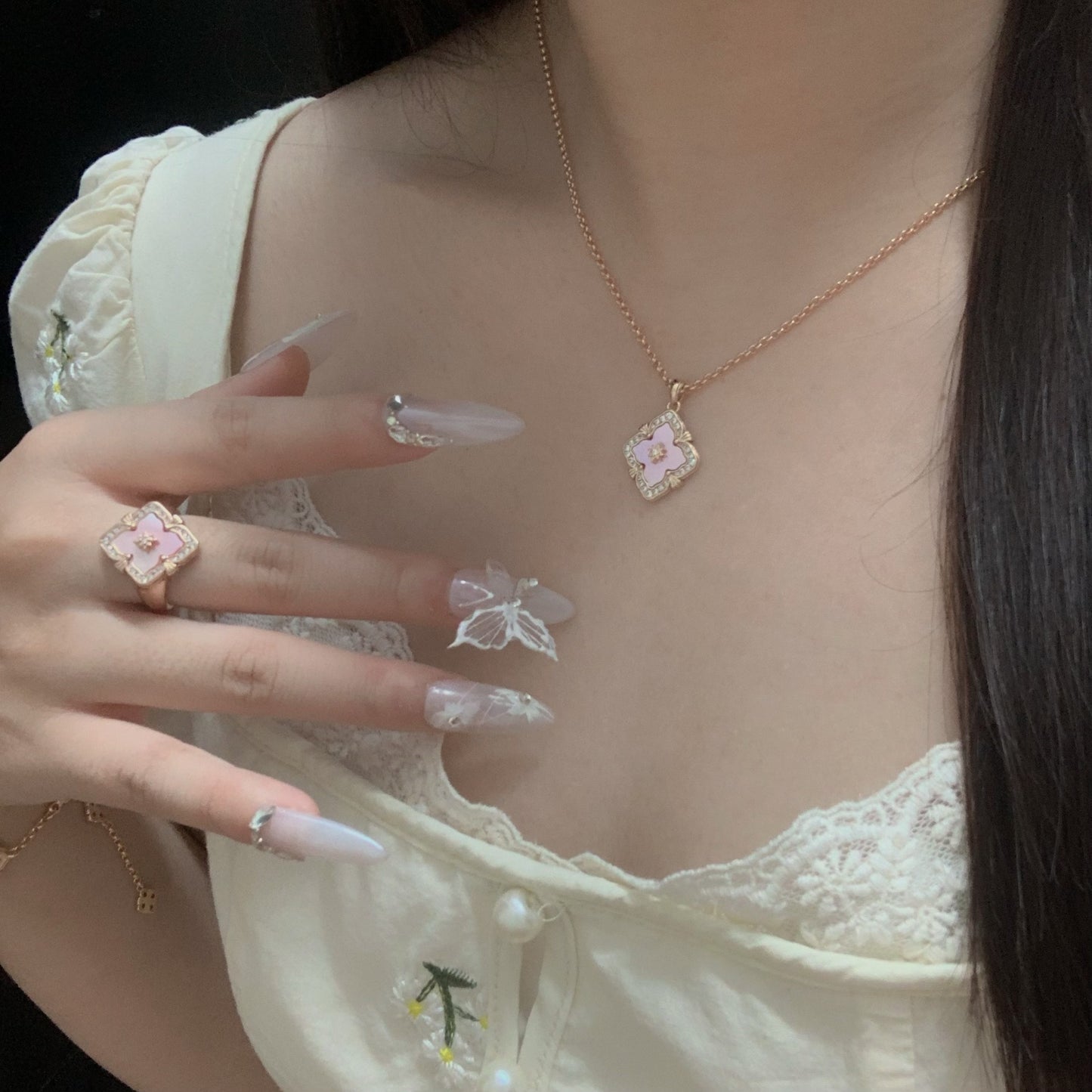 Natural Fritillaria pink clover necklace bracelet ring earrings set