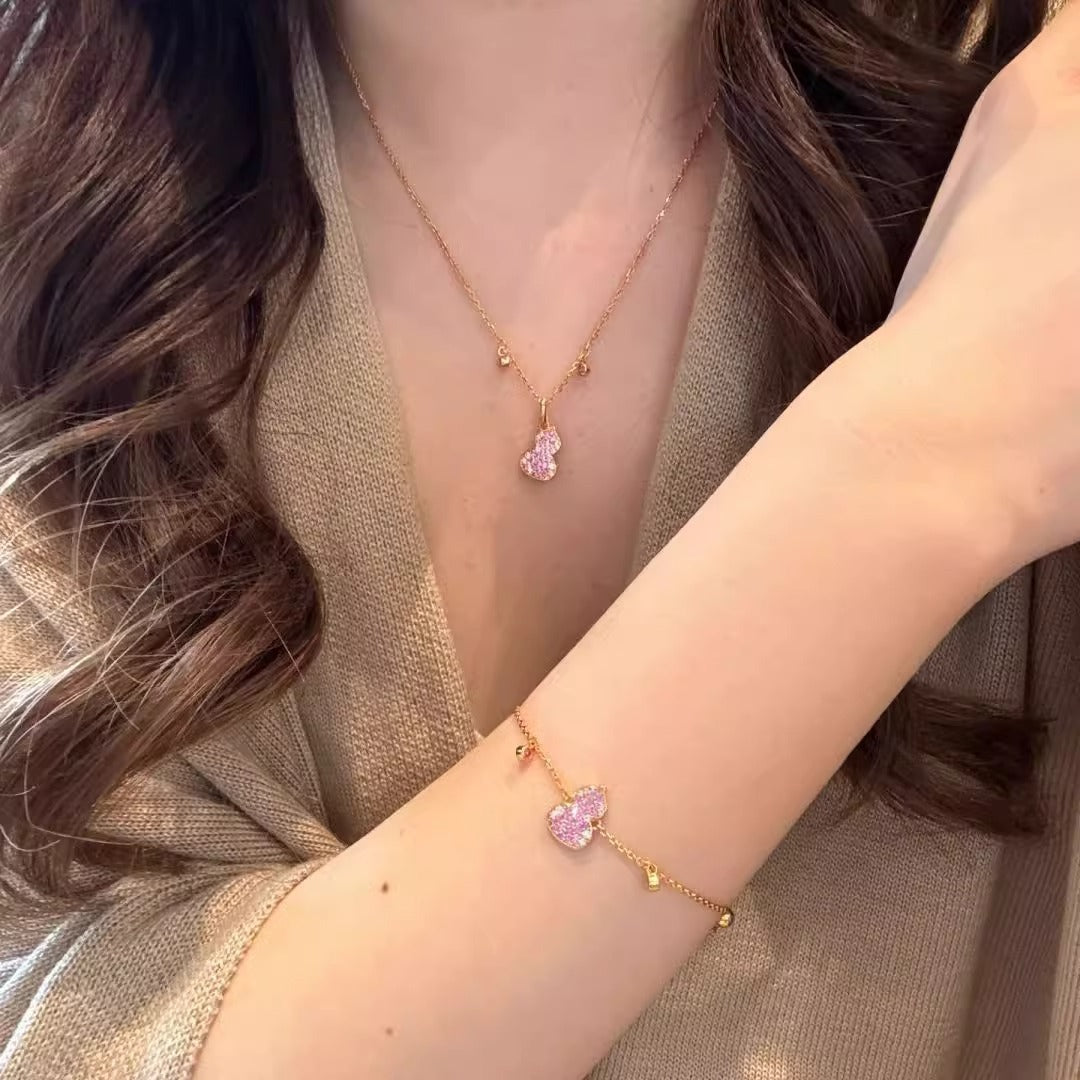 S925 sterling silver micro-inlaid pink gourd necklace bracelet set