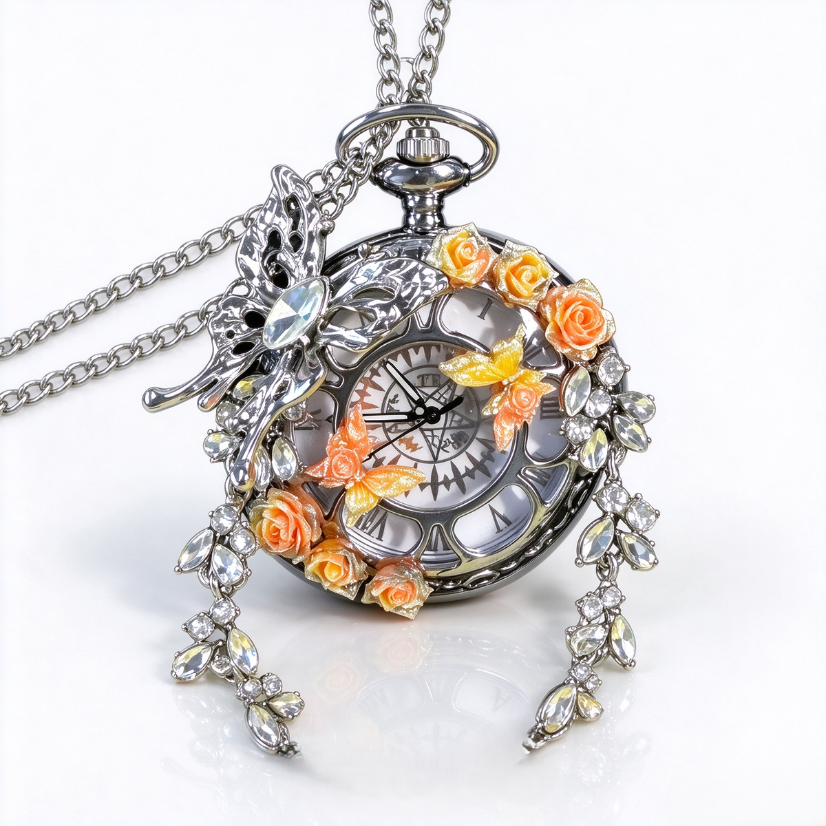 Movable Butterfly Pocket Watch, Handmade Floral Quartz Pocket Watch Necklace