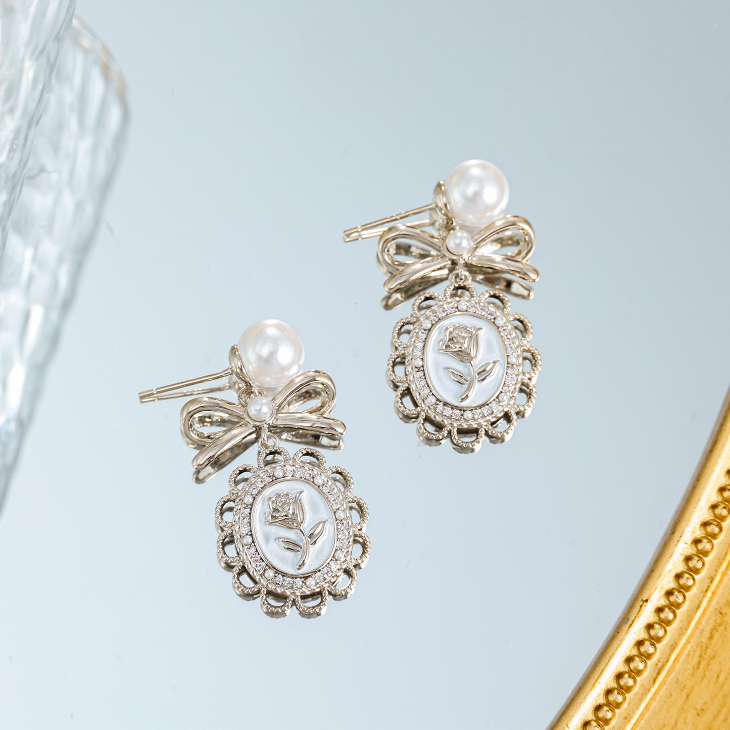 925 silver needle real gold plated pearl bow rose earrings