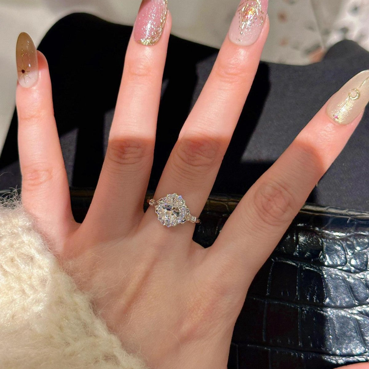 S925 sterling silver diamond-studded flower ring