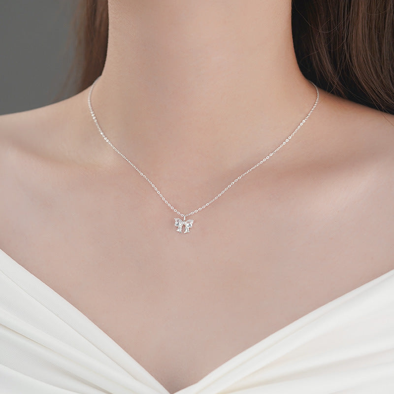 S999 sterling silver zircon bow necklace