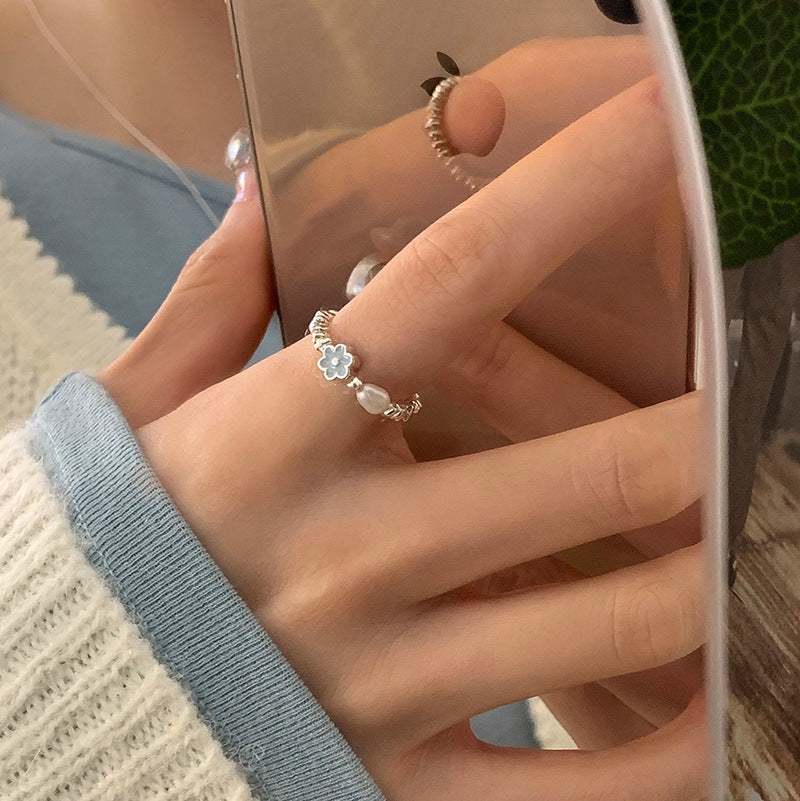 S925 sterling silver glazed flower pearl ring