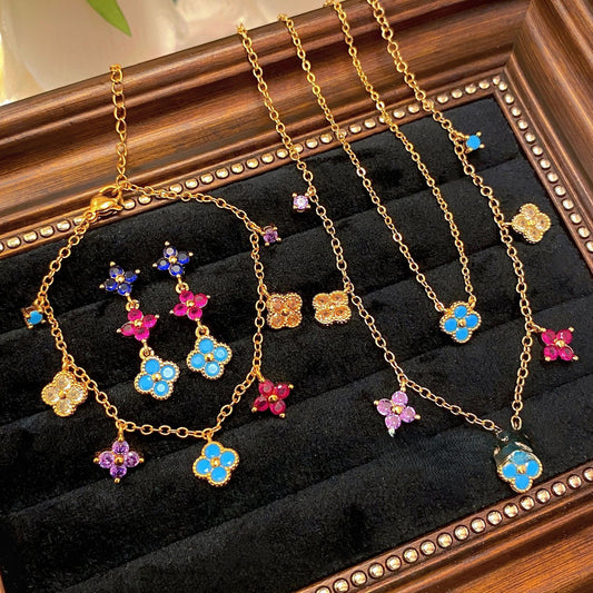 Colorful four-leaf clover studded necklace earrings bracelet