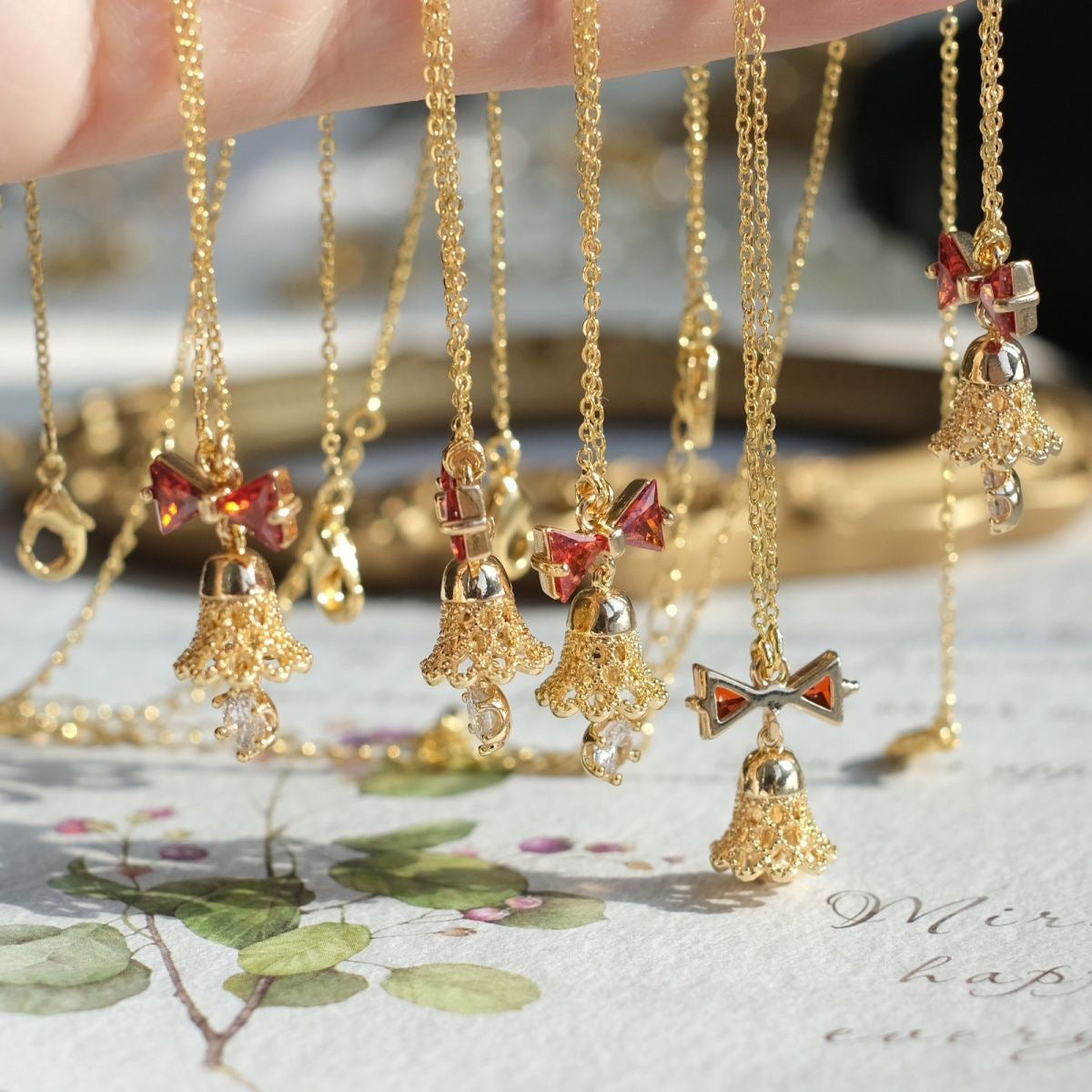 Bell red bow necklace earrings set