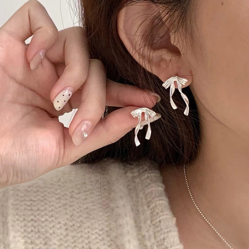 S925 sterling silver bow tassel earrings