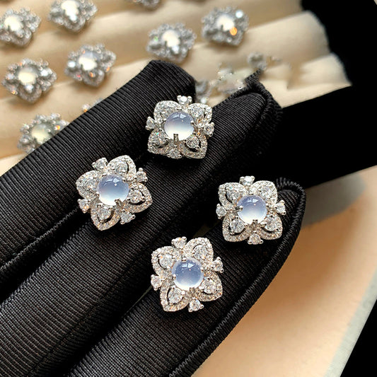 Silver needle zircon flower earrings