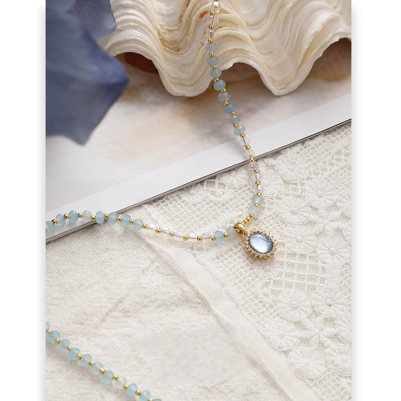 Aquamarine freshwater pearl copper plated gold necklace
