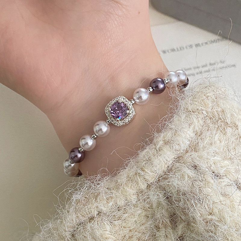 Manta rose Swarovski pearl bracelet inlaid with sugar cube purple zirconium bracelet necklace ring
