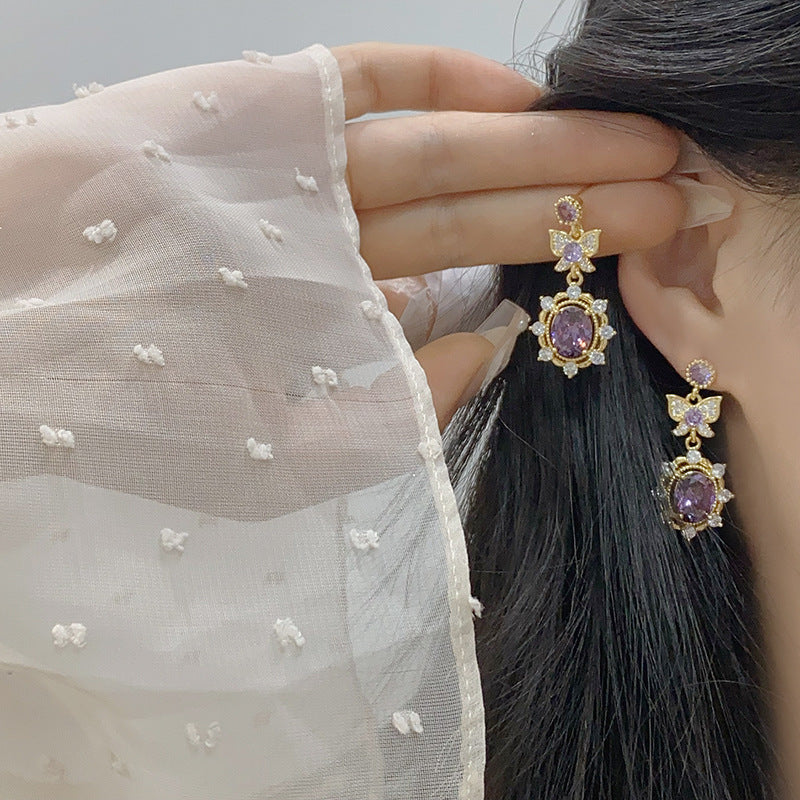 Purple zircon electroplated gold lavender manor butterfly earrings necklace bracelet set