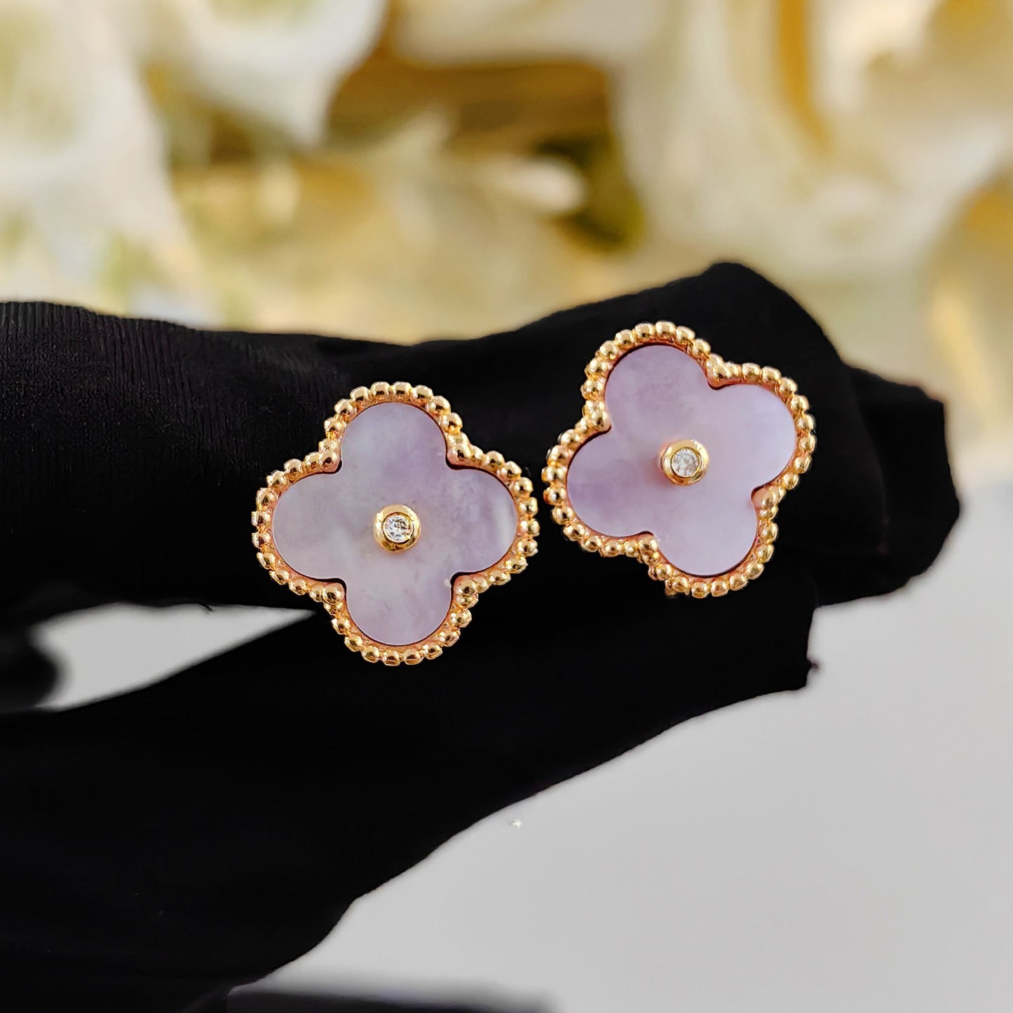 Diamond-studded pink Fritillaria four-leaf clover flower bracelet necklace earrings set
